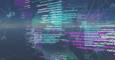 Veri işleme görüntüsü ve dijital insan kafası üzerindeki bağlantı ağı siyah arkaplanda. Teknoloji, bilgisayar, bağlantılar ve dijital arayüz konsepti dijital olarak oluşturuldu.