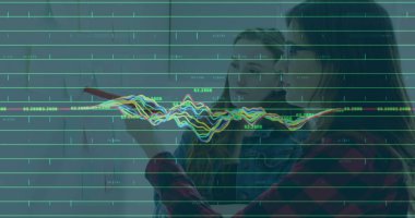 Ofiste çalışan iş adamlarının mali veri işleme görüntüsü. Küresel hesaplama, finans, iş ve veri işleme kavramı dijital olarak oluşturulmuş görüntü.