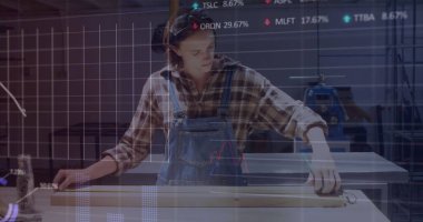 Atölyede çalışan bir kadının mali veri işleme görüntüsü. Küresel hesaplama, finans, iş ve veri işleme kavramı dijital olarak oluşturulmuş görüntü.