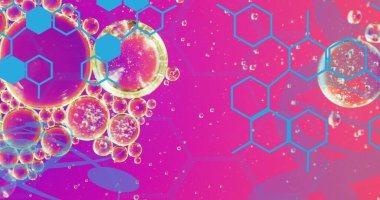 Image of bubbles over hexagons on purple background. Science, medicine and digital interface concept digitally generated image. clipart