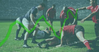 Rugby oynayan, koşan ve dijital kompozit kullanan iki çok ırklı ragbi takımının grafikleri ve verileri