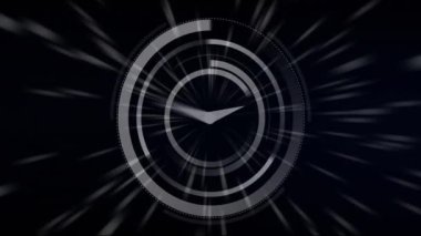 Siyah arkaplanda ışık yollarının üzerinde hareket eden saatin animasyonu. Zaman, ışık ve arkaplan kavramı dijital olarak oluşturulmuş video.