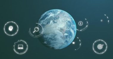 Dünya üzerindeki teknoloji simgelerinin siyah arka planda canlandırılması. Teknoloji, bilgisayar ve dijital arayüz kavramı dijital olarak oluşturuldu.