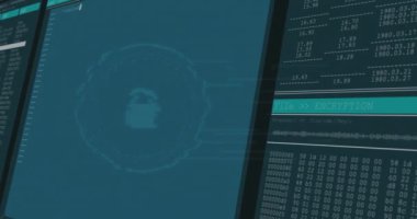 Siyah arkaplanda asma kilit simgesi üzerinde veri işleme animasyonu. Küresel teknoloji, bilgisayar ve dijital arayüz kavramı dijital olarak oluşturulmuş video.