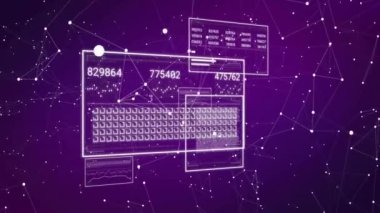 Mor arkaplandaki ağ bağlantıları üzerinden dijital veri işleme animasyonu. Teknoloji, iletişim, siber uzay, bağlantı, bilgi, fütürist