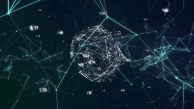 Dünya çapında bağlantı ve veri işleme ağının animasyonu. Dijital olarak oluşturulmuş küresel bağlantılar, hesaplama ve veri işleme kavramı.