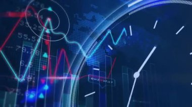 Finansal veri işleme ve dünya haritasının üzerindeki saatin animasyonu. Küresel finans, iş, bağlantılar, hesaplama ve veri işleme kavramı dijital olarak oluşturulmuş video.
