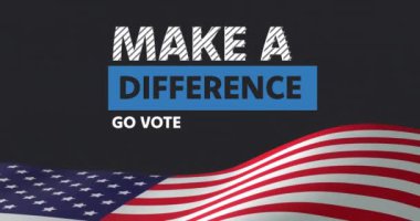 Fark yaratmanın animasyonu, git oy kullan ve siyah üzerine Amerikan bayrağı salla. Amerika, politika, demokrasi, iletişim, hükümet, seçim ve oylama, dijital olarak oluşturulmuş video.