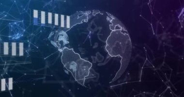 Dünya üzerindeki veri işleme ve diyagramlarının animasyonu. Teknoloji, iş ve dijital arayüz kavramı dijital olarak oluşturulmuş video.