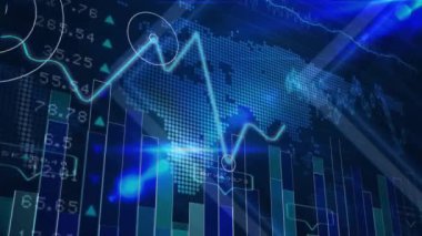 Dünya haritasında finansal veri işleme animasyonu. Küresel finans, iş, bağlantılar, hesaplama ve veri işleme kavramı dijital olarak oluşturulmuş video.