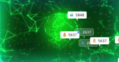 Dünya üzerindeki medya simgelerinin ve şekillerin animasyonu. Teknoloji, iş ve dijital arayüz kavramı dijital olarak oluşturulmuş video.