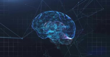 İnsan beyninin animasyonu ve kara arkaplan üzerinde işlenen veri. Küresel bilim, veri işleme, bağlantılar, hesaplama ve veri işleme kavramı dijital olarak oluşturuldu.