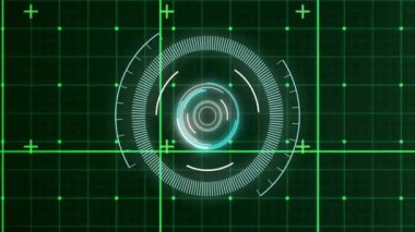 Kapsam taraması ve şebeke üzerinde veri işleme animasyonu. Dijital olarak oluşturulmuş küresel bağlantılar, hesaplama ve veri işleme kavramı.