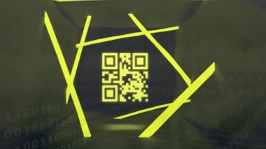 Neon hatları üzerinde qr kodu ve dijital veri işleme animasyonu. Dijital olarak oluşturulmuş küresel bağlantılar, hesaplama ve veri işleme kavramı.