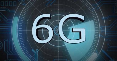 6 G metin animasyonu, bilgisayar devresi üzerinde dijital veri işleme. Dijital olarak oluşturulmuş küresel bağlantılar, hesaplama ve veri işleme kavramı.