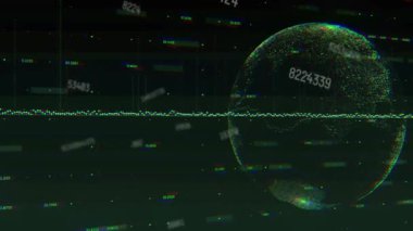 Veri işleme animasyonunun siyah arka planda dünya üzerinde gerçekleşmesi. küresel teknoloji, bilgisayar ve dijital arayüz kavramı dijital olarak oluşturulmuş video.