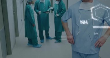 Hastanede çalışan çeşitli doktorlara göre kimyasal formülün animasyonu. Küresel tıp, bilim ve dijital arayüz kavramı dijital olarak üretilen video.