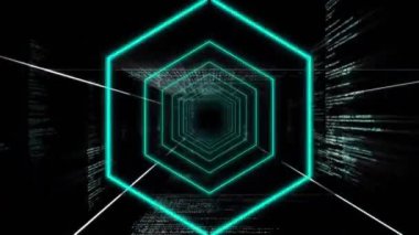Karanlık arka planda neon altıgenler üzerinde dijital veri işleme animasyonu. Küresel veri işleme, bağlantılar, hesaplama ve veri işleme kavramı dijital olarak oluşturulmuş video.