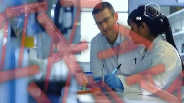 DNA iplikçiklerinin animasyonu, laboratuvardaki çeşitli bilim adamları üzerinde bilimsel veri işleme. Küresel bilim, bağlantılar, hesaplama ve veri işleme kavramı dijital olarak oluşturulmuş video.