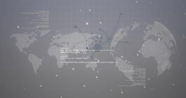 Dünya haritası ve küresi üzerindeki veri işleme ve bağlantı ağının animasyonu. Dijital olarak oluşturulmuş küresel bağlantılar, hesaplama ve veri işleme kavramı.