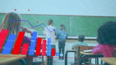 Veri işleme ve çeşitli okul öğrencilerinin sınıfta öğrenme üzerine diyagram animasyonu. Eğitim ve dijital arayüz kavramı dijital olarak oluşturulmuş video.