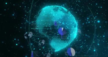 Dünya üzerinde veri işleme animasyonu. Dijital olarak oluşturulmuş küresel bağlantılar, hesaplama ve veri işleme kavramı.