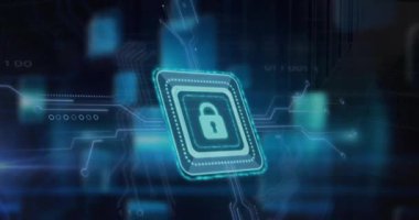 Bilgisayar devresi üzerinde asma kilit simgesi ve dijital veri işleme animasyonu. Dijital olarak oluşturulmuş küresel bağlantılar, hesaplama ve veri işleme kavramı.