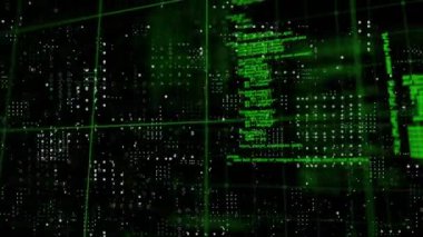 Siyah arkaplan üzerinde dijital veri işleme animasyonu. Dijital olarak oluşturulmuş küresel bağlantılar, hesaplama ve veri işleme kavramı.