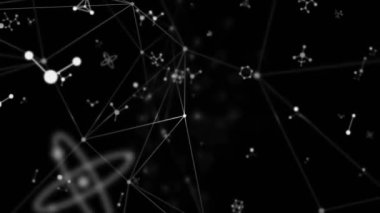 Karanlık arka planda bağlantı ve veri işleme yapan moleküllerin animasyonu. Küresel veri işleme, bağlantılar, hesaplama ve veri işleme kavramı dijital olarak oluşturulmuş video.