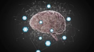 İnsan beyni üzerindeki simgelerle bağlantı ağının animasyonu. Küresel bilim, bağlantılar, hesaplama ve veri işleme kavramı dijital olarak oluşturulmuş video.
