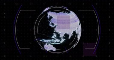 Tüm dünyada dijital veri işleme animasyonu. Dijital olarak oluşturulmuş küresel bağlantılar, hesaplama ve veri işleme kavramı.