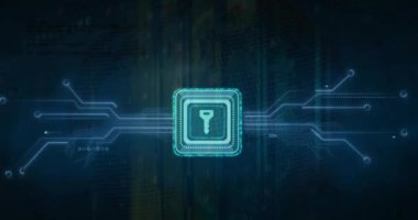 Bilgisayar devresi üzerinde anahtar simgesi ve dijital veri işleme animasyonu. Dijital olarak oluşturulmuş küresel bağlantılar, hesaplama ve veri işleme kavramı.