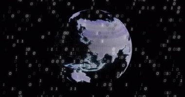 Tüm dünyada ikili kodlama dijital veri işleme animasyonu. Dijital olarak oluşturulmuş küresel bağlantılar, hesaplama ve veri işleme kavramı.