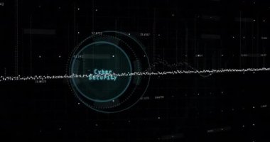 Simgeler ve asma kilit ile tarama kapsamı üzerinde dijital veri işleme animasyonu. Dijital olarak oluşturulmuş küresel bağlantılar, hesaplama ve veri işleme kavramı.