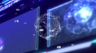 Bağlantı ağlarıyla birlikte veri işleme animasyonu. Dijital olarak oluşturulmuş küresel bağlantılar, hesaplama ve veri işleme kavramı.