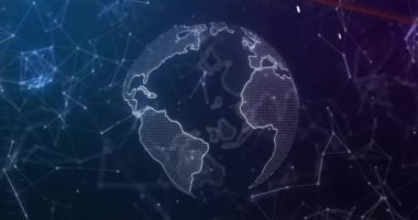 Veri işleme ve dünya üzerindeki bağlantı ağının animasyonu. Dijital olarak oluşturulmuş küresel bağlantılar, hesaplama ve veri işleme kavramı.