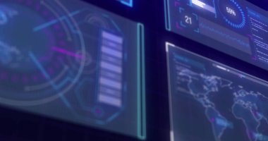 Ekranlarda tarama ve veri işleme dürbünü görüntüsü. Küresel iş, finans, hesaplama ve veri işleme kavramı dijital olarak oluşturulmuş görüntü.