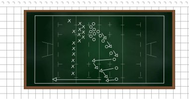 Beyaz arka planda yeşil tahtada oyun planı resmi. Küresel spor, sağlık ve dijital arayüz kavramı dijital olarak oluşturulmuş görüntü.