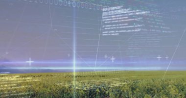 Saha üzerinde borsa ve veri işleme görüntüsü. Küresel iş, doğa ve dijital arayüz kavramı, dijital olarak oluşturulmuş görüntü.