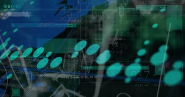 Dünya haritası, istatistik ve veri işleme resimleri. Küresel iş, finans, hesaplama ve veri işleme kavramı dijital olarak oluşturulmuş görüntü.