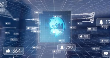 Ortasında dijital sayılar ve simgelerle çevrili parlayan bir dünya. Dünyayı çevreleyen sosyal medyayı temsil eden yüzen elementler