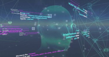 Veri işleme görüntüsü ve dijital insan kafası üzerindeki bağlantı ağı siyah arkaplanda. Teknoloji, bilgisayar, bağlantılar ve dijital arayüz konsepti dijital olarak oluşturuldu.