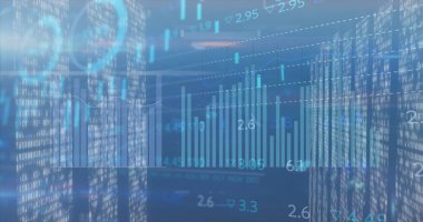 Mavi arka plandaki mozaik karelerin ekranları üzerinden istatistiksel veri işleme görüntüsü. İş veri teknolojisi kavramı