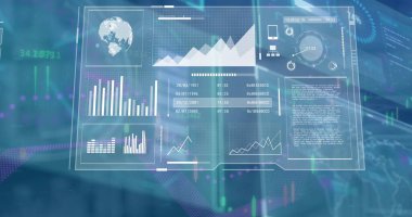 Mavi arkaplanda veri işleme resmi. küresel iş ve dijital arayüz kavramı dijital olarak oluşturulmuş görüntü.