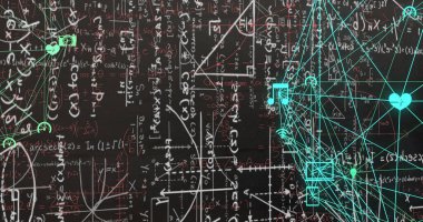 Matematiksel denklemlerin resmi siyah arkaplandaki simgelerin üzerinde. Eğitim, öğrenme ve dijital arayüz kavramı dijital olarak oluşturulmuş görüntü.