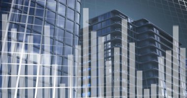 Yüksek binalara karşı istatistiksel veri işlemenin dijital görüntüsü. İş verileri ve analitik teknoloji kavramı