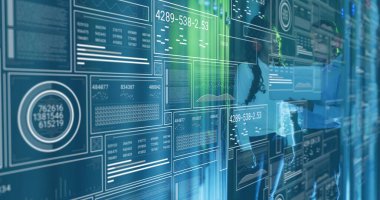 Veri işleme görüntüsü, Afrikalı Amerikalı kadın teknisyen ve bilgisayar sunucuları tarafından dizüstü bilgisayar. Küresel iş, finans, hesaplama ve veri işleme kavramı dijital olarak oluşturulmuş görüntü.