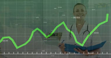 Kafkasyalı kadın doktor üzerinden veri işleme görüntüsü. Küresel tıp, bağlantılar, hesaplama ve veri işleme kavramı dijital olarak oluşturulmuş görüntü.