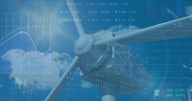 Rüzgar türbini üzerinde işlenen finansal veri görüntüsü. Küresel teknoloji, finans ve dijital arayüz kavramı dijital olarak oluşturulmuş görüntü.