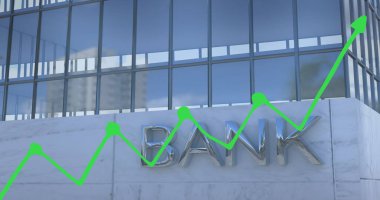 Banka binasına karşı istatistiksel veri işlemenin dijital görüntüsü. İş verileri ve analitik teknoloji kavramı
